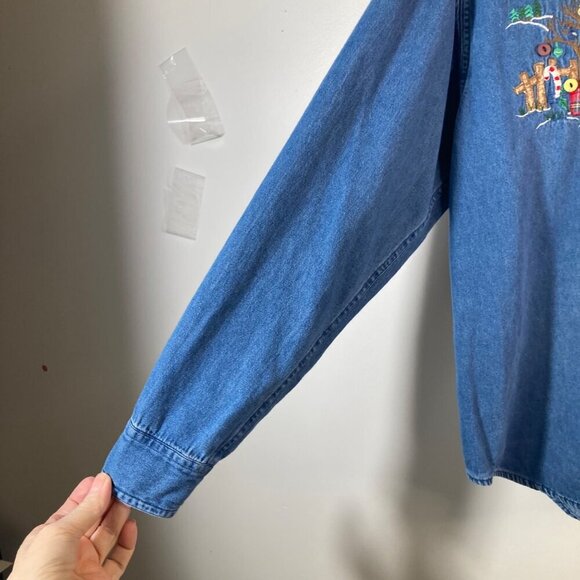 Womens Vintage Casey & Max Denim Christmas Embroidered Button Shirt Blue S - Picture 7 of 8